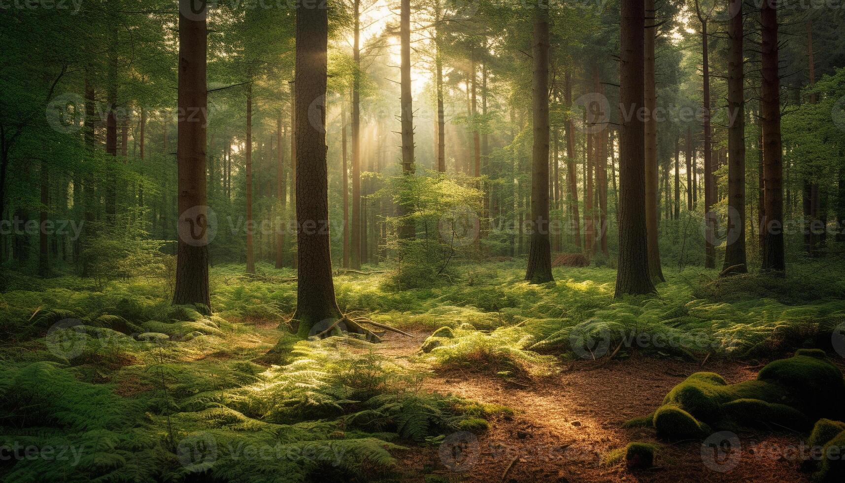 still Wald Fußweg führt zu mysteriös Gelb Farn im Dämmerung generiert durch ai foto