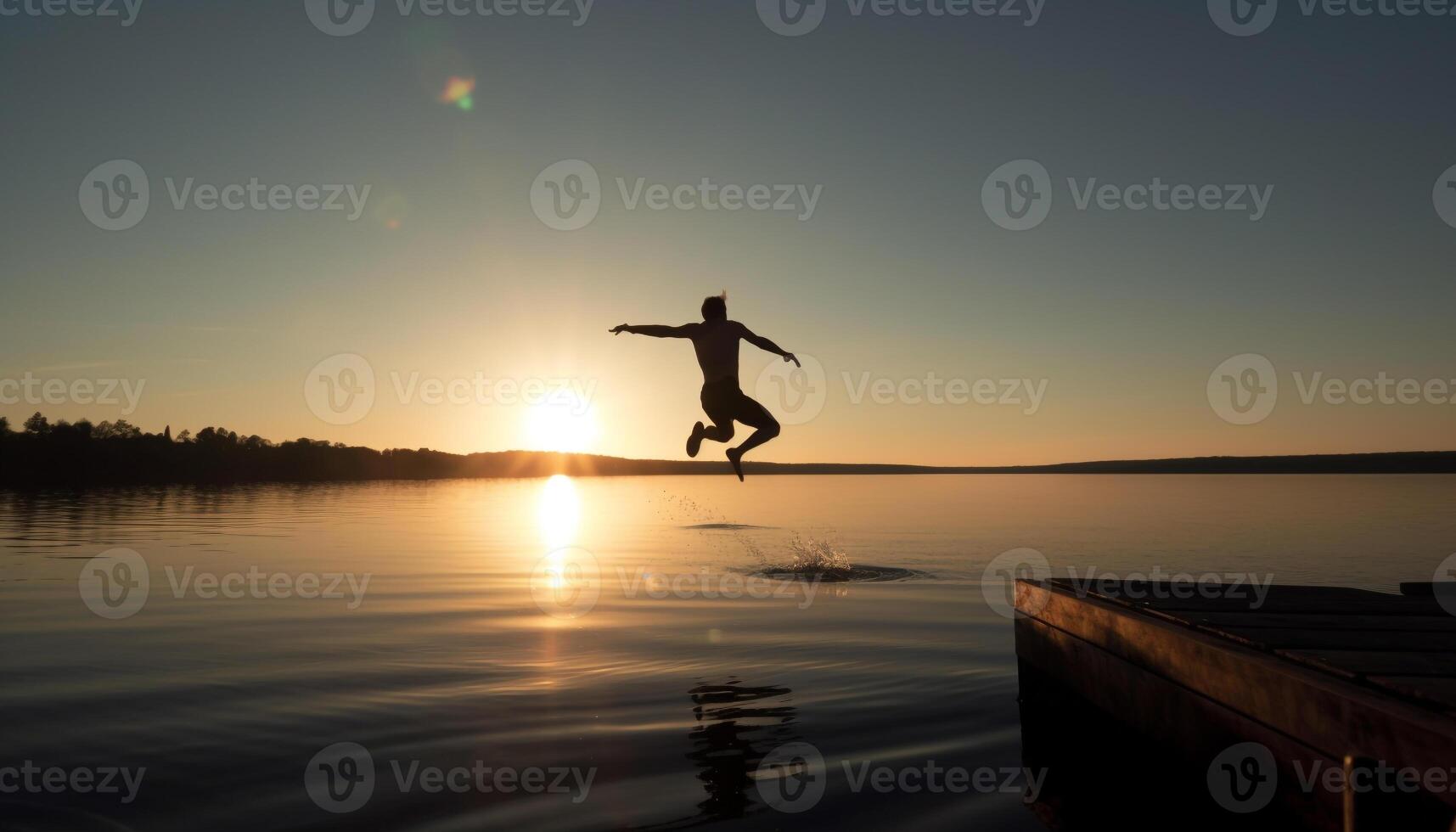 Silhouette von jung Erwachsene Springen in still Wasser beim Sonnenuntergang generiert durch ai foto