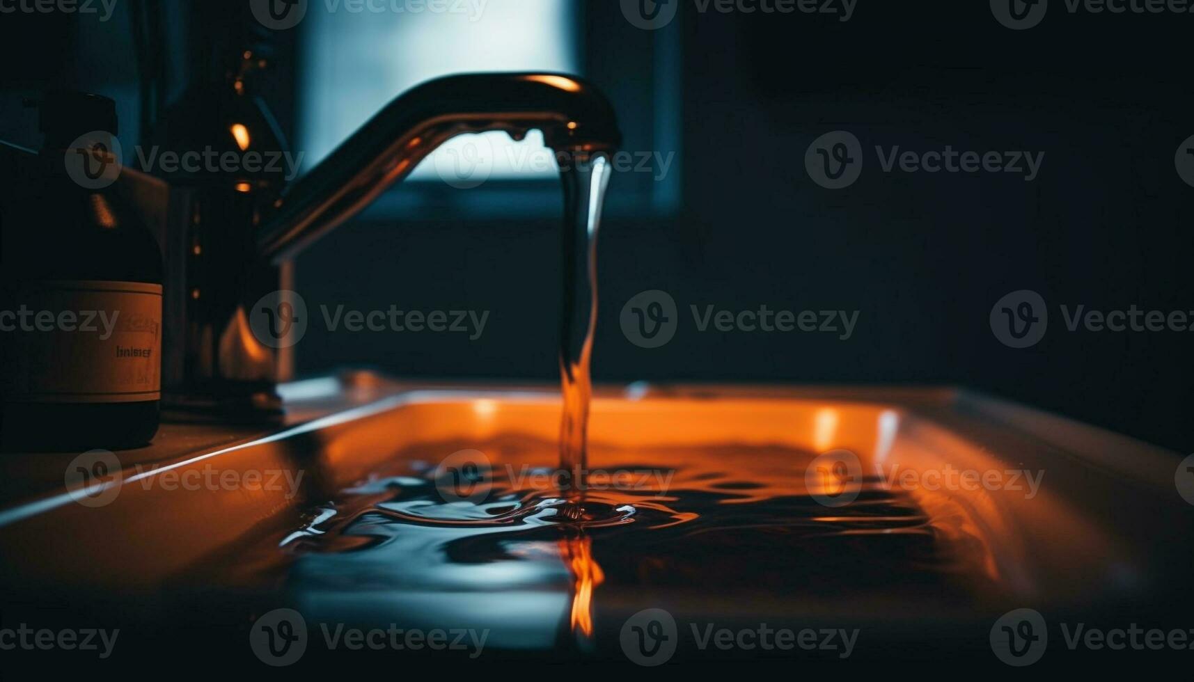 fließend Wasser Gießen von Wasserhahn, planschen im sauber sinken generiert durch ai foto