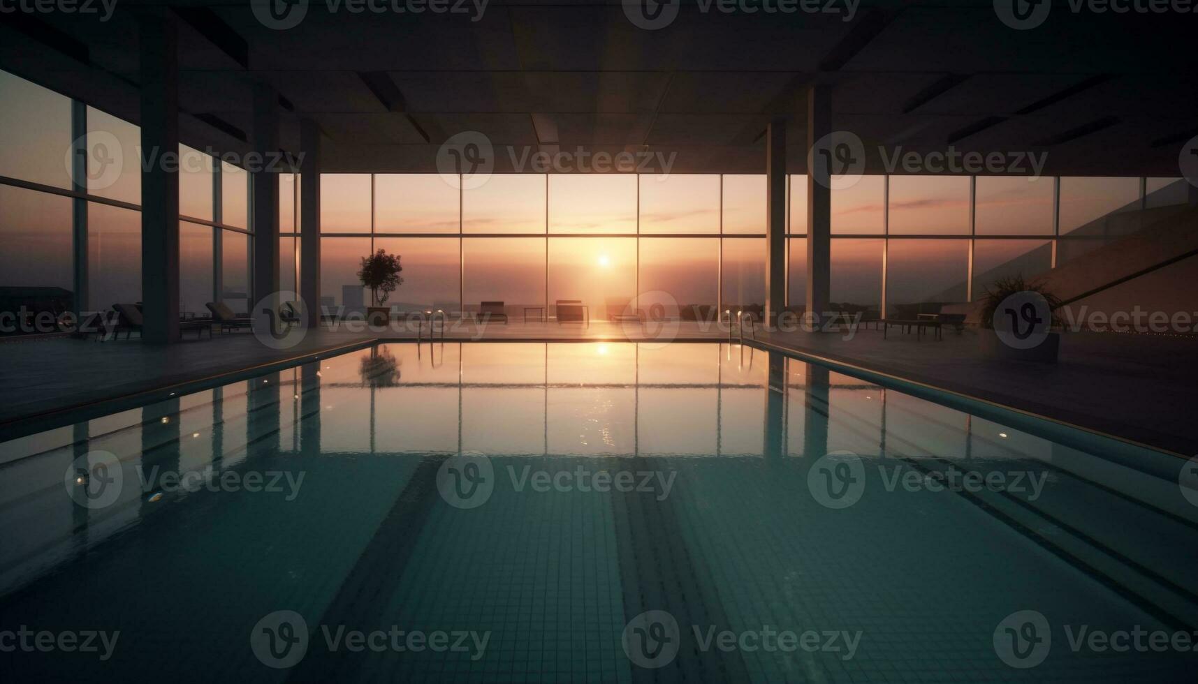 modern die Architektur spiegelt im leeren Schwimmen Schwimmbad beim Dämmerung generiert durch ai foto
