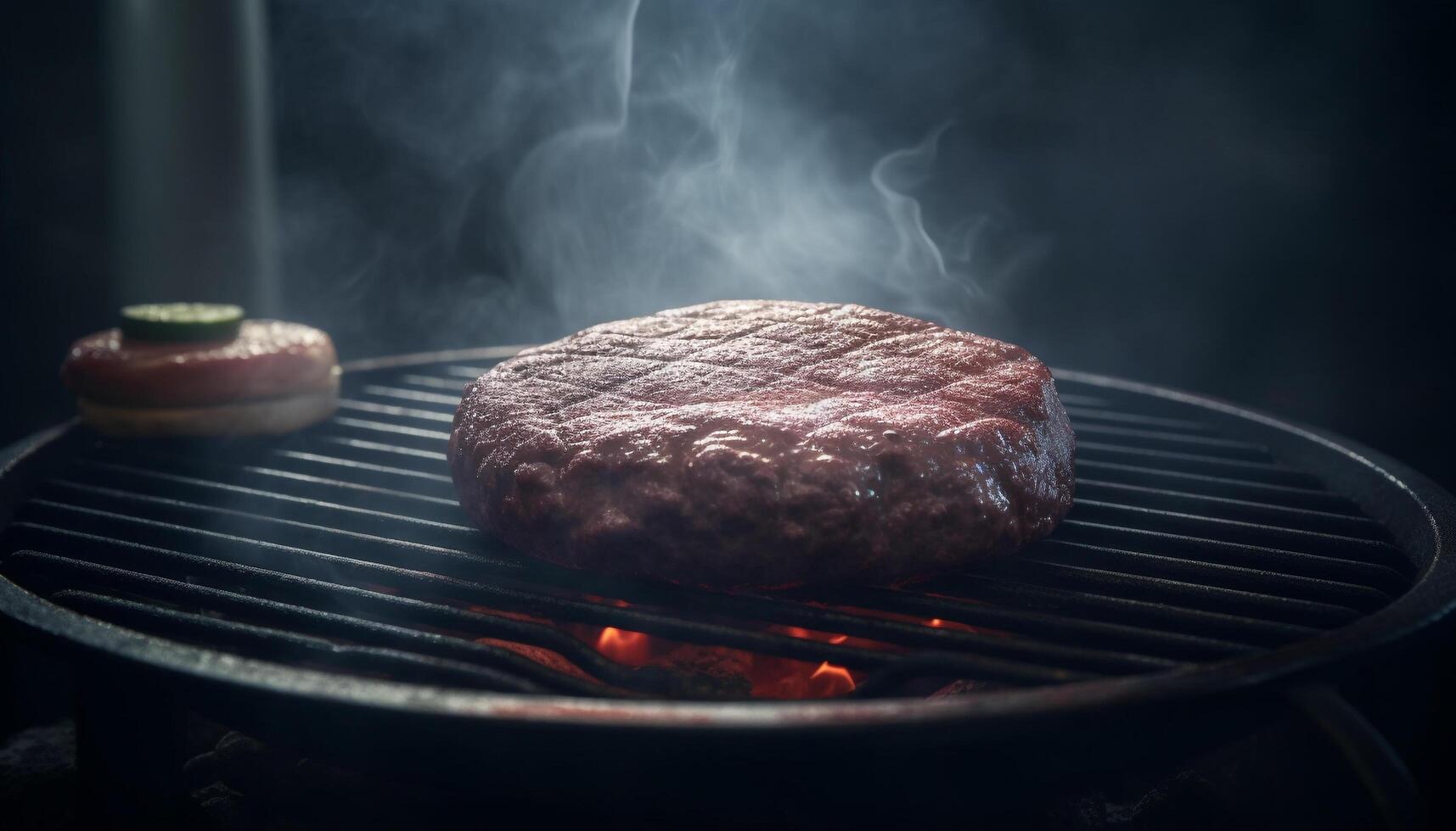 gegrillt Rindfleisch Steak auf Metall Gitter, umgeben durch Rauch und Flamme generiert durch ai foto