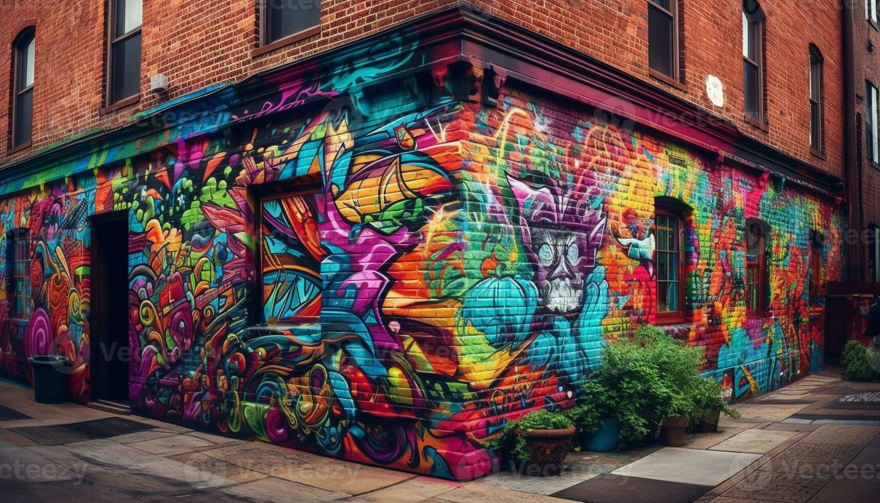 beschwingt farbig Graffiti Wandgemälde leuchtet modern Stadtbild beim Nacht generiert durch ai foto