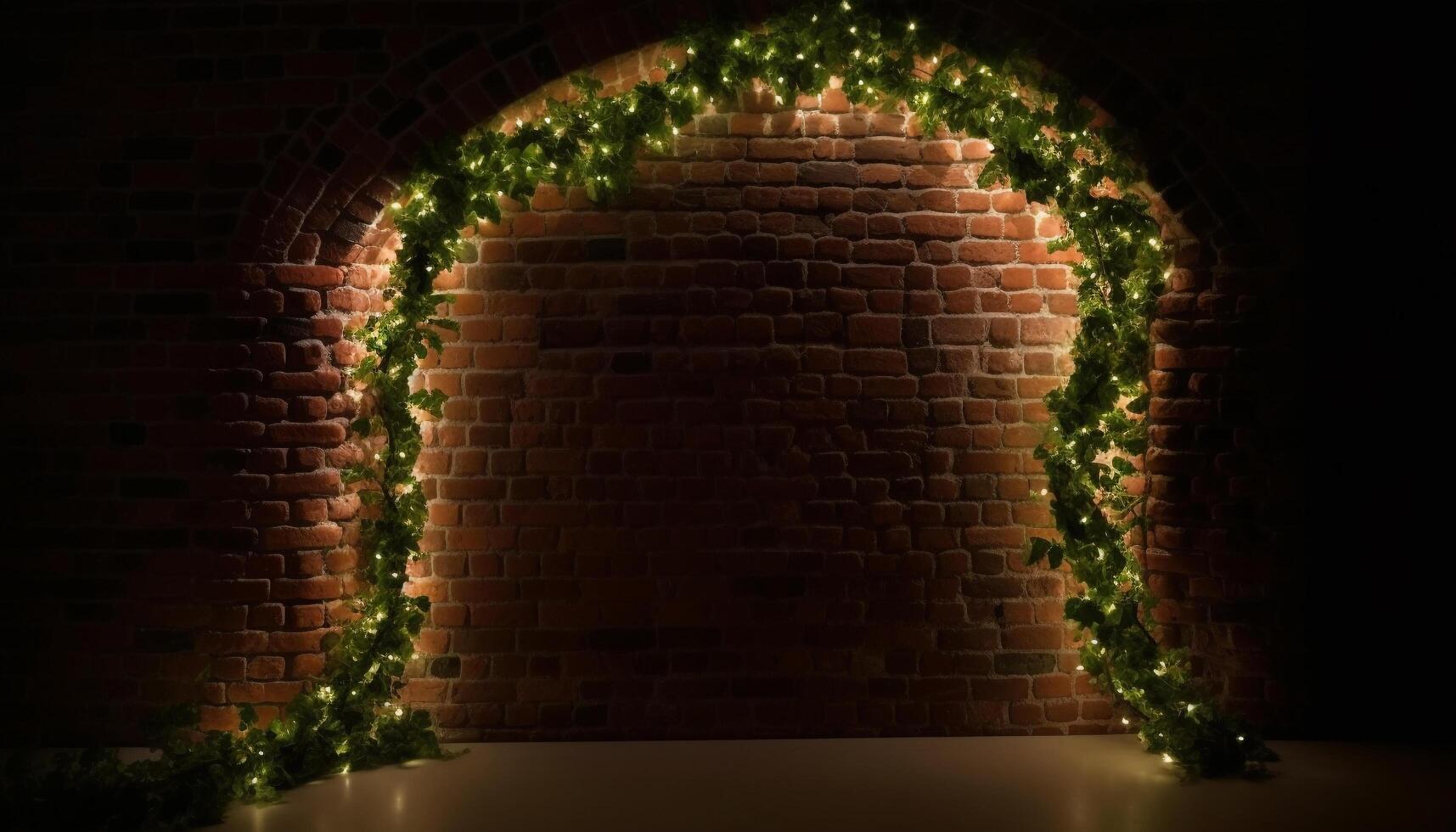 beleuchtet Backstein Mauer Hintergrund mit glühend abstrakt Dekoration und Natur Rahmen generiert durch ai foto