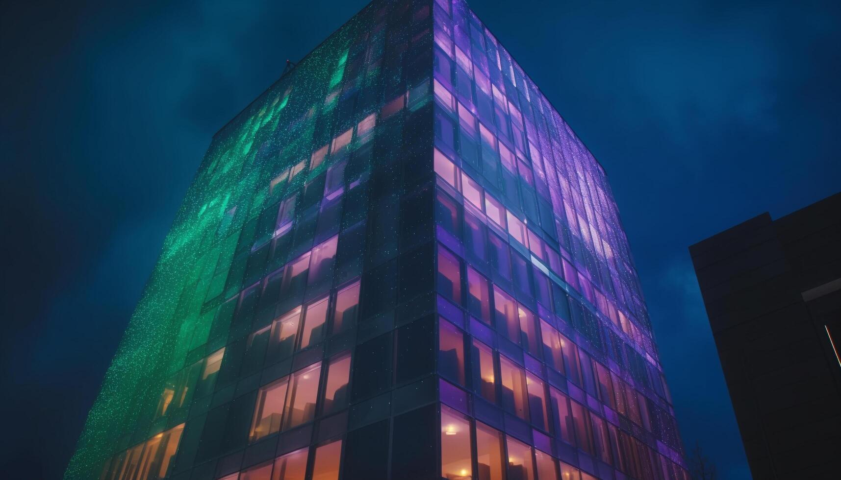 futuristisch Wolkenkratzer leuchtet Stadt Leben mit beschwingt Farben und geometrisch Formen generiert durch ai foto