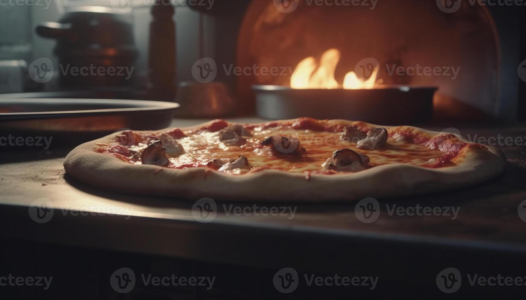 schmelzen Mozzarella auf hausgemacht Pizza gebacken im rustikal Backstein Ofen generiert durch ai foto