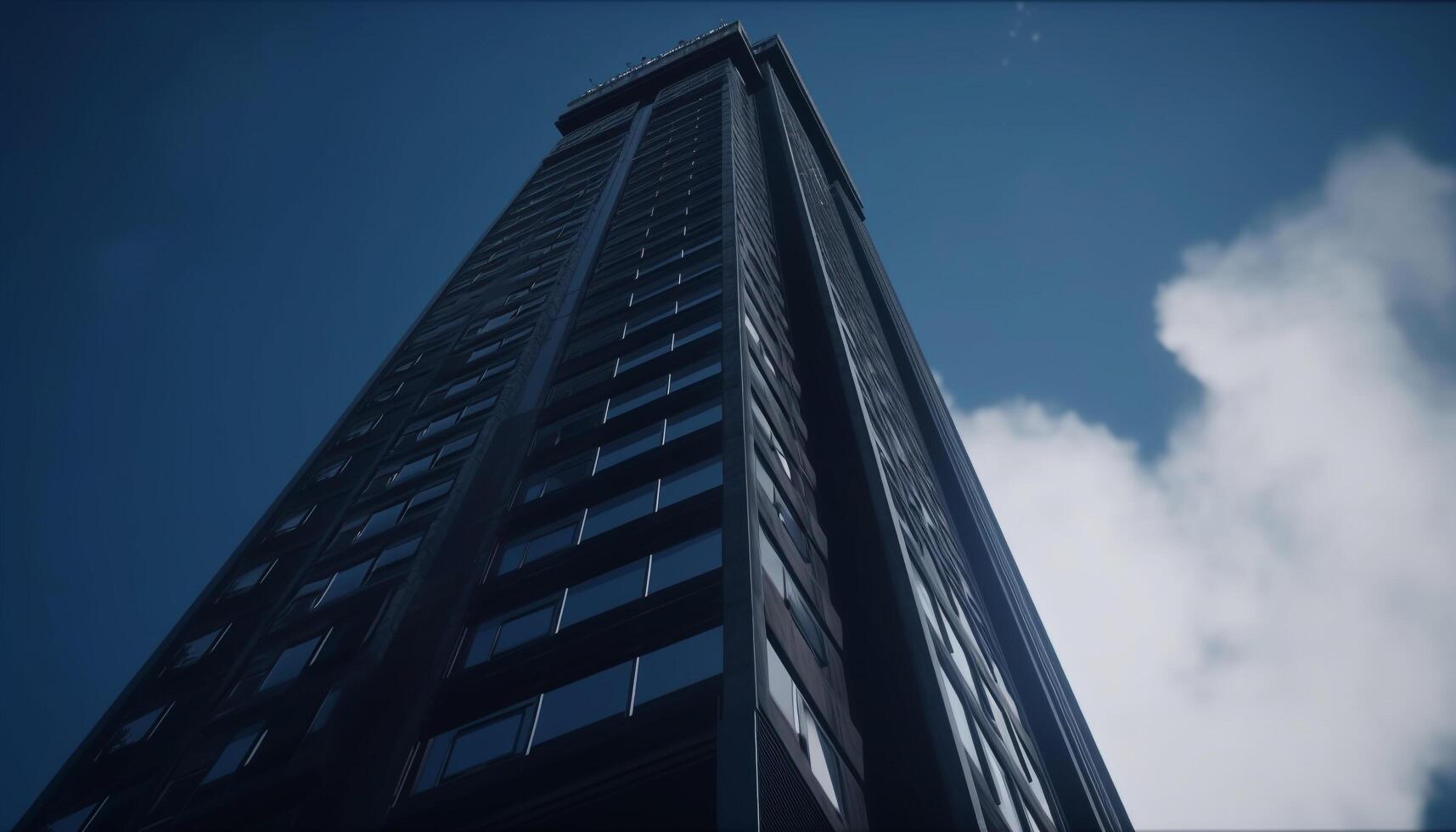 futuristisch Wolkenkratzer spiegelt Blau Himmel im modern Glas Fassade generiert durch ai foto