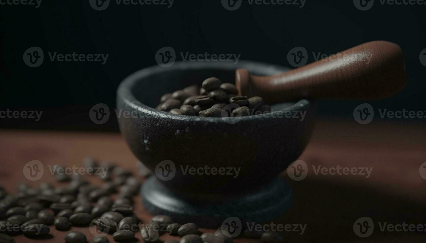 frisch Boden organisch Kaffee Bohnen im ein dunkel hölzern Löffel generiert durch ai foto