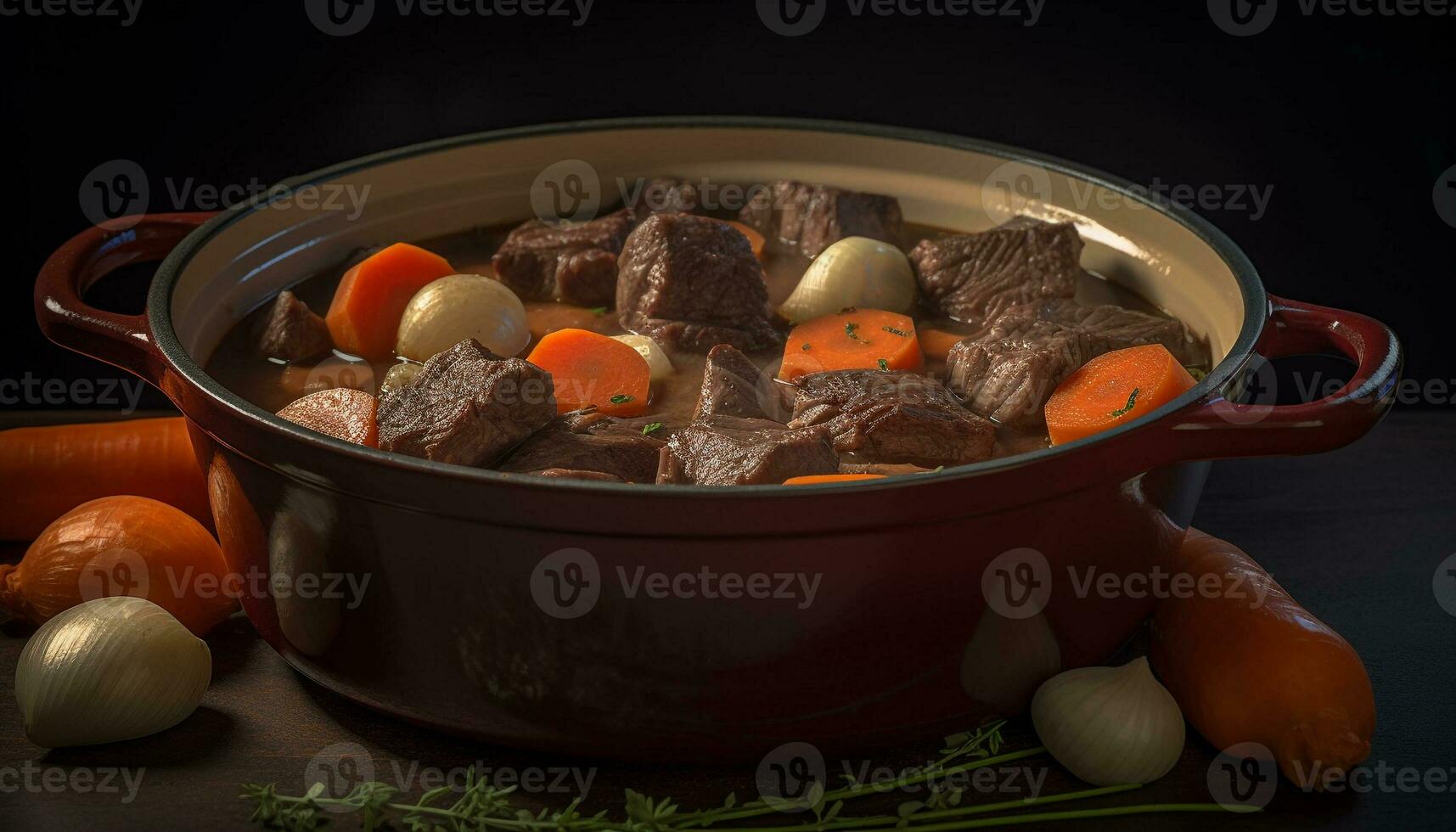 geschmort Rindfleisch Eintopf mit frisch Gemüse im rustikal Geschirr Schüssel generiert durch ai foto