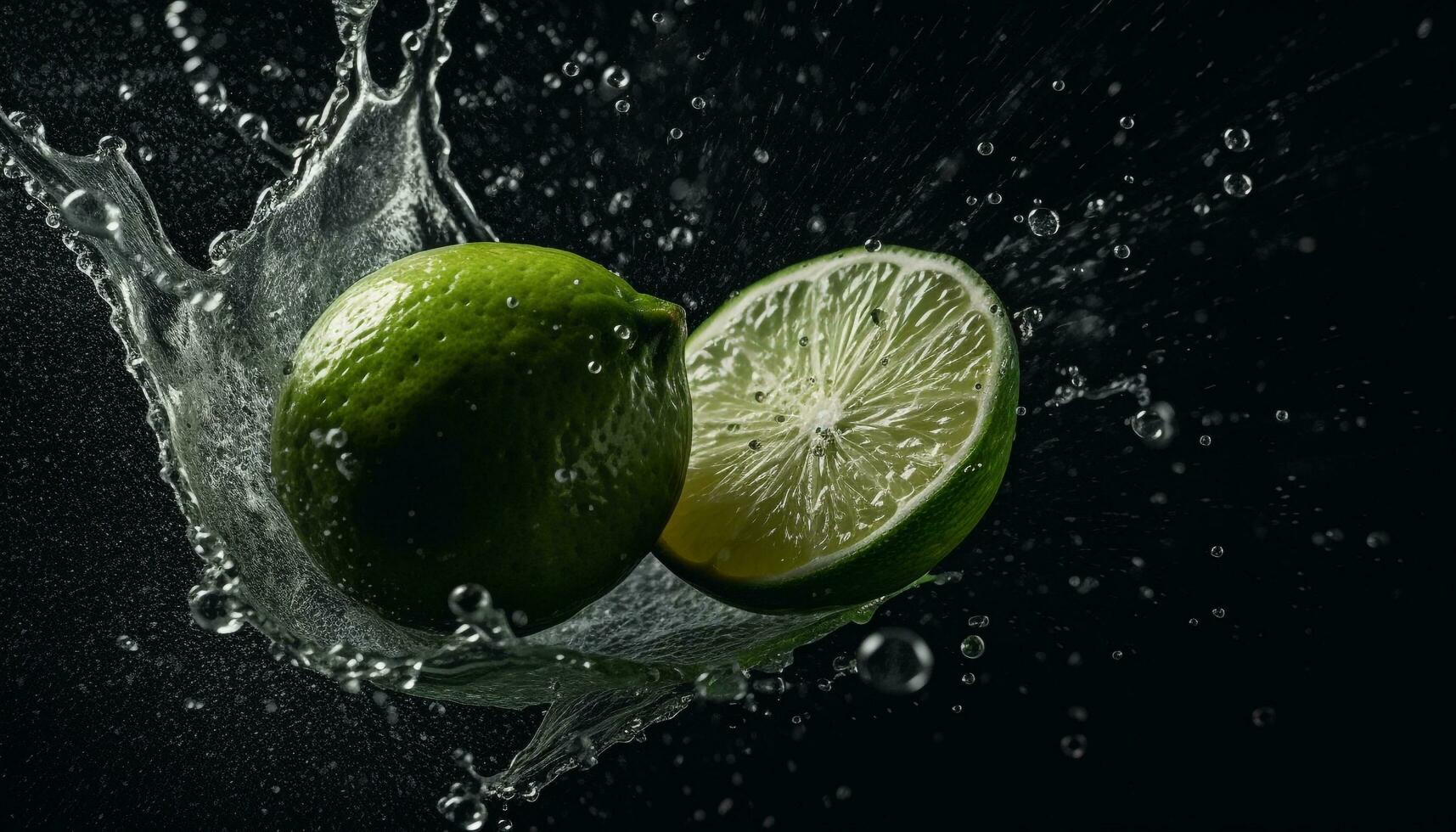 frisch Limette Scheibe Tropfen in Wasser, planschen Zitrusfrüchte Erfrischung generiert durch ai foto