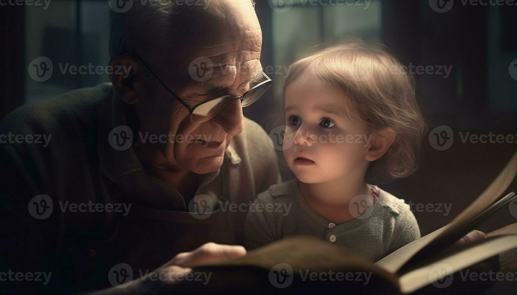 multi Generation Familie Verbindung, Lernen, und Liebe drinnen mit Enkelkinder generiert durch ai foto