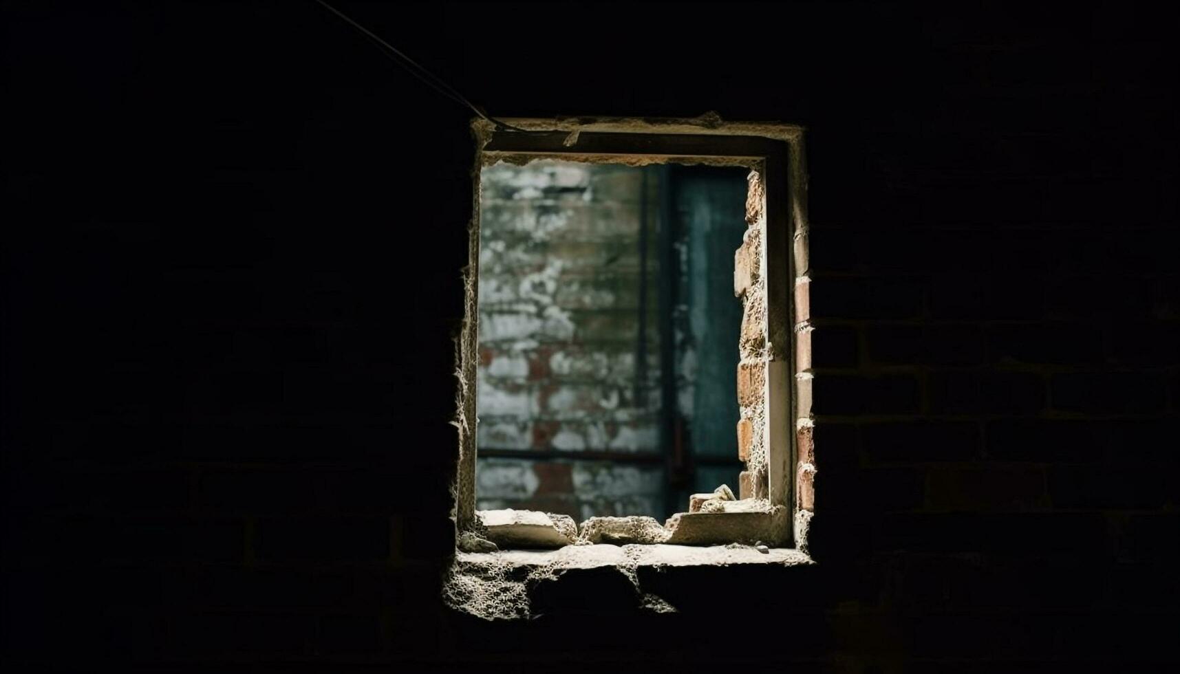 dunkel, gespenstisch alt Ruine mit gebrochen, rostig Wände und beschädigt die Architektur generiert durch ai foto