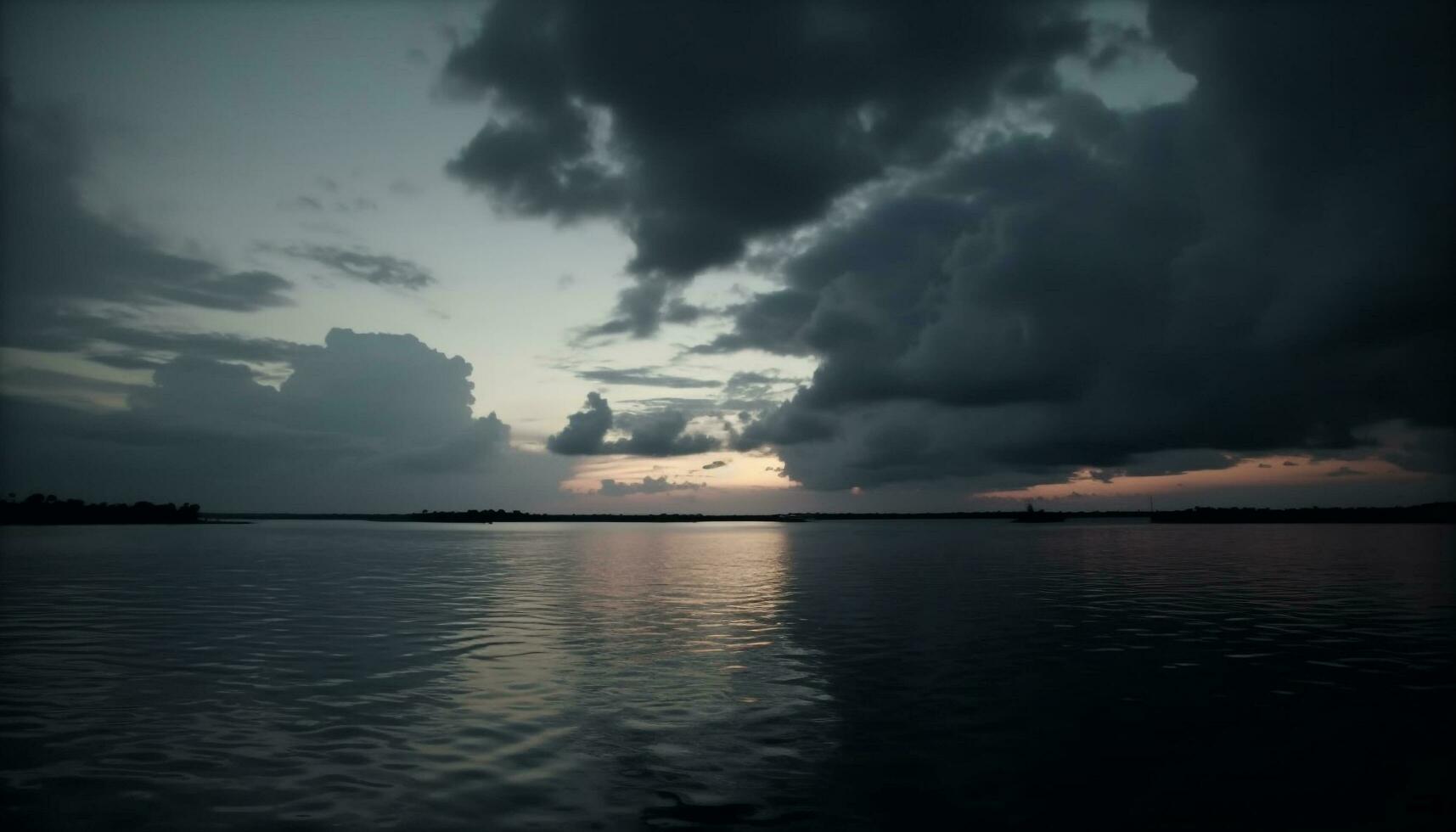 idyllisch Sonnenuntergang Über still Meereslandschaft, mit dramatisch launisch Himmel generiert durch ai foto