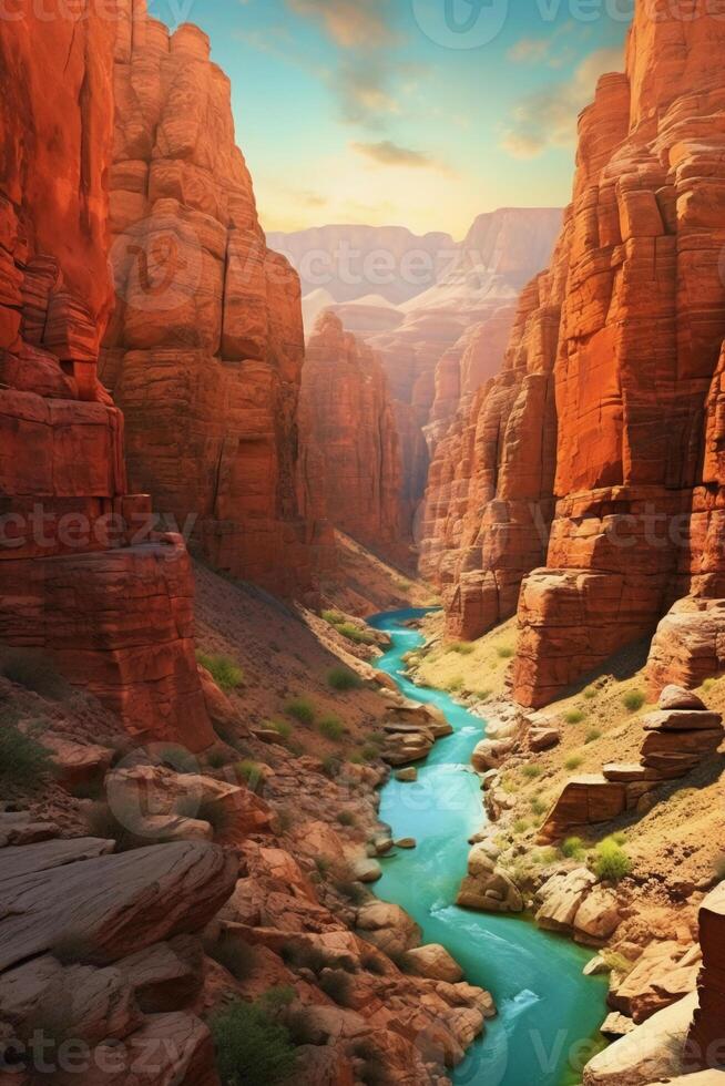 inspirierend Aussicht von ein Schlucht mit bunt Lagen. ai generativ foto