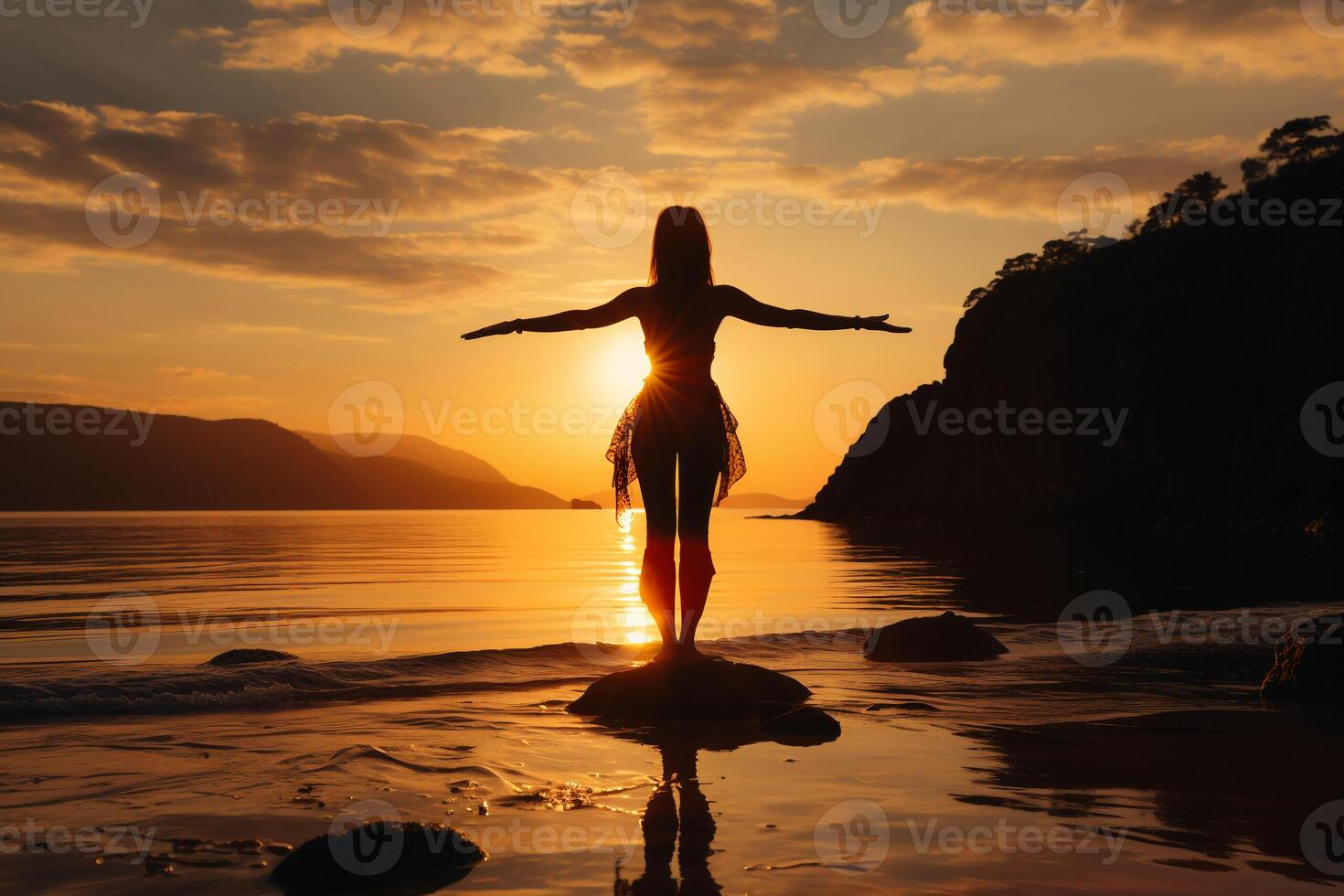 ein filmisch und schön weiblich aktiv Sportbekleidung Modell, Abschluss ein Yoga Pose auf ein still Strand. ai generativ foto