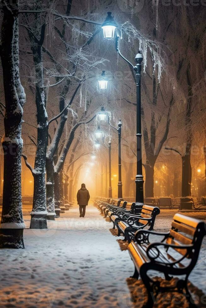 Winter Park beim Nacht mit Bäume bedeckt mit Schnee, Bänke und Laternen. ai generativ foto