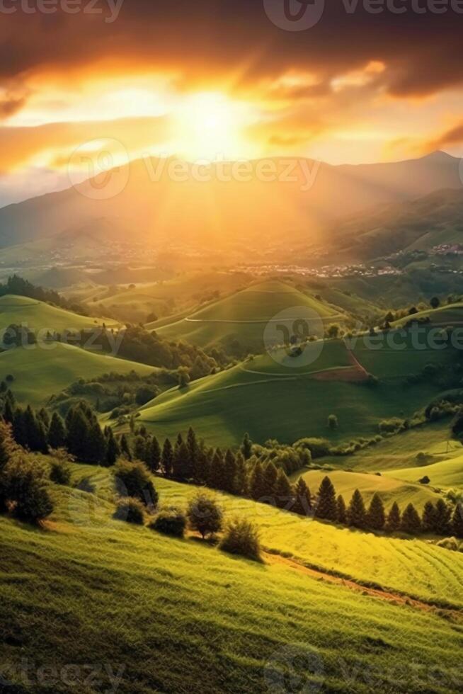 das Sonne steigt an Über ein Hang mit grasig Felder und ein Bereich mit ein hügel. ai generativ foto