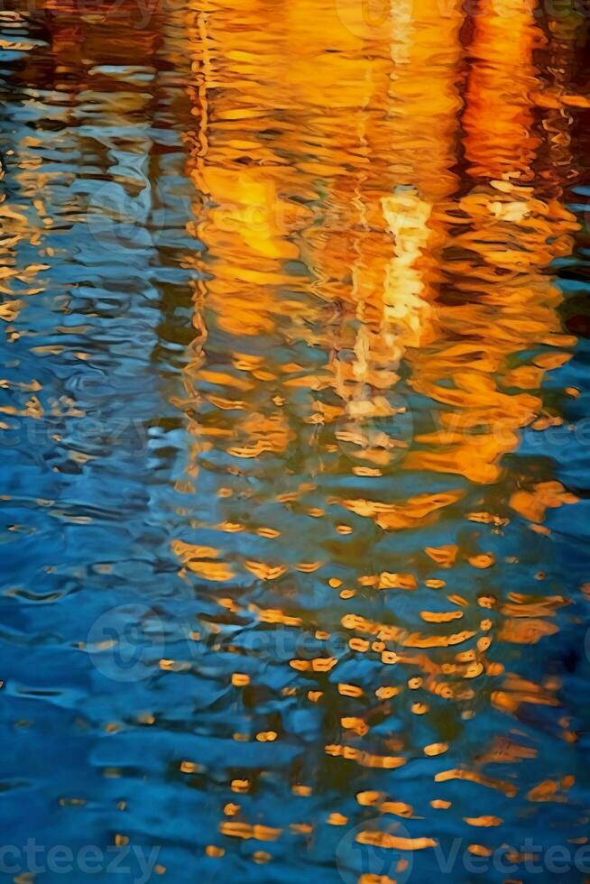 ein Orange und Blau Betrachtung im das Wasser, im das Stil von Licht Gold und Indigo. ai generativ foto