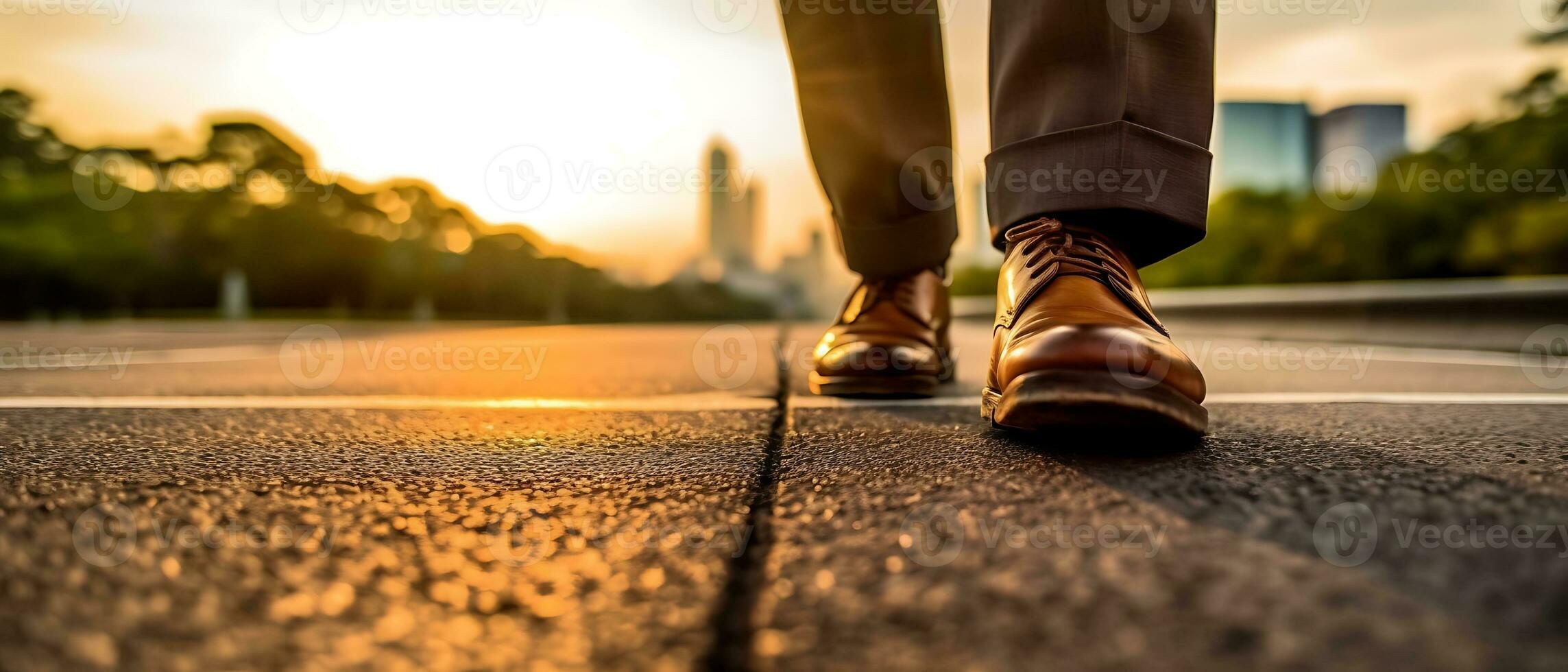 das Geschäftsmann Spaziergänge auf das Straße und beginnt zu erfolgreich. Nahansicht von Schuhe gehen, Ziel, und Ziel Konzept. generativ ai. foto