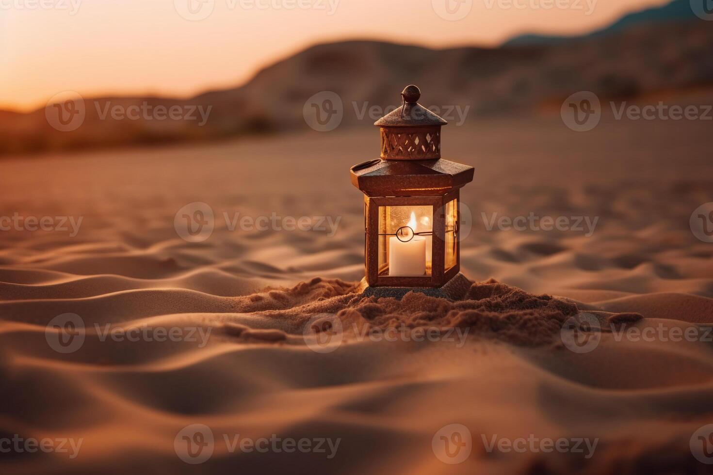 ein Laterne, umgeben durch Sand. ai generativ foto