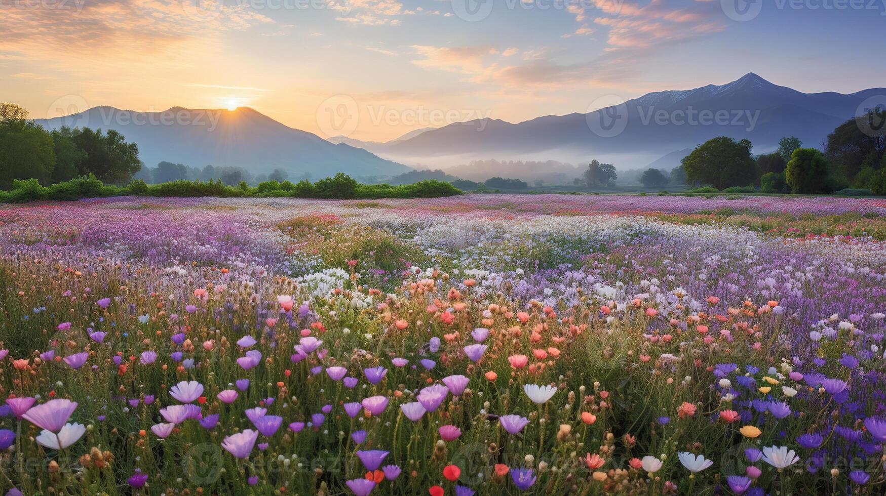 schön bunt Blume Kosmos Felder mit verwischen Berg Hintergrund. generativ ai foto