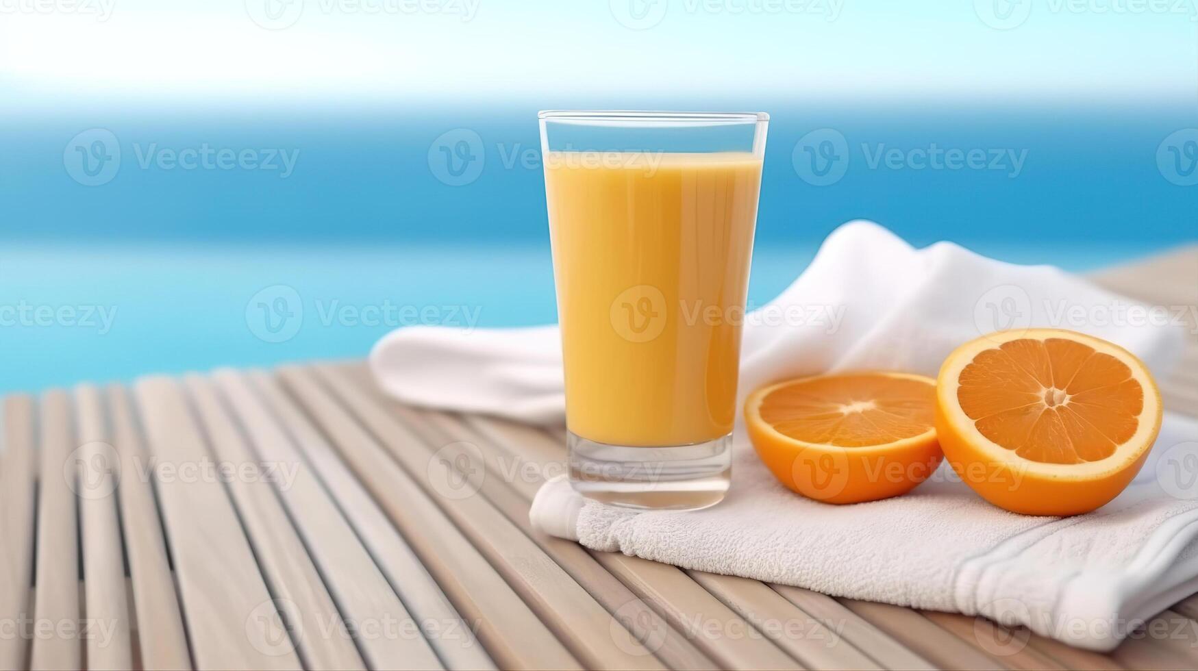 Weiß Handtücher und Orange Saft auf Weiß und Blau hölzern Tafel mit verwischen Blau Meer und Himmel, Schärfe. generativ ai foto