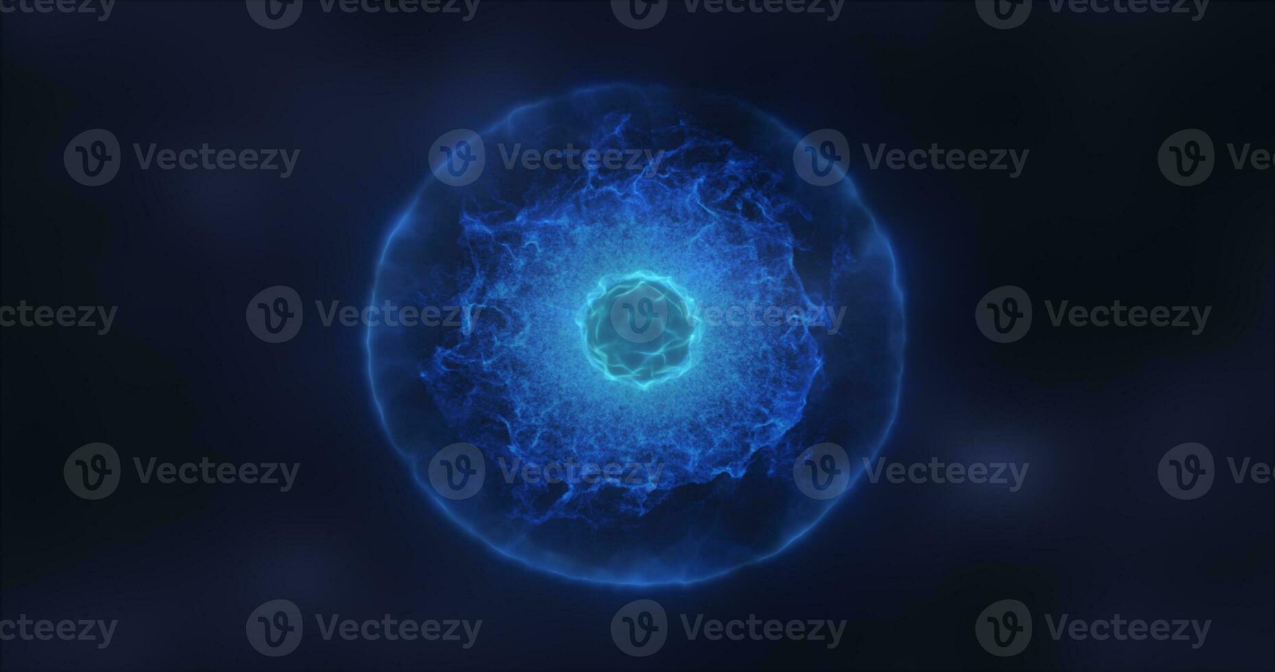 abstrakt Kugel Atom mit Elektronen fliegend glühend hell Partikel und Energie Magie Feld, Wissenschaft futuristisch Hi-Tech Hintergrund foto