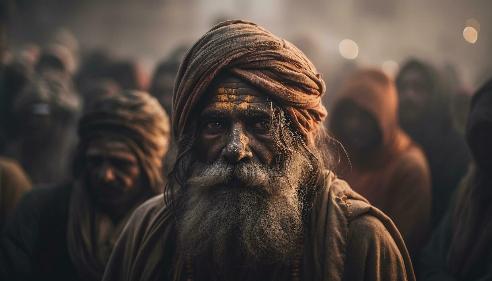 lächelnd Sadhu im traditionell Kleidung beim Festival generiert durch ai foto