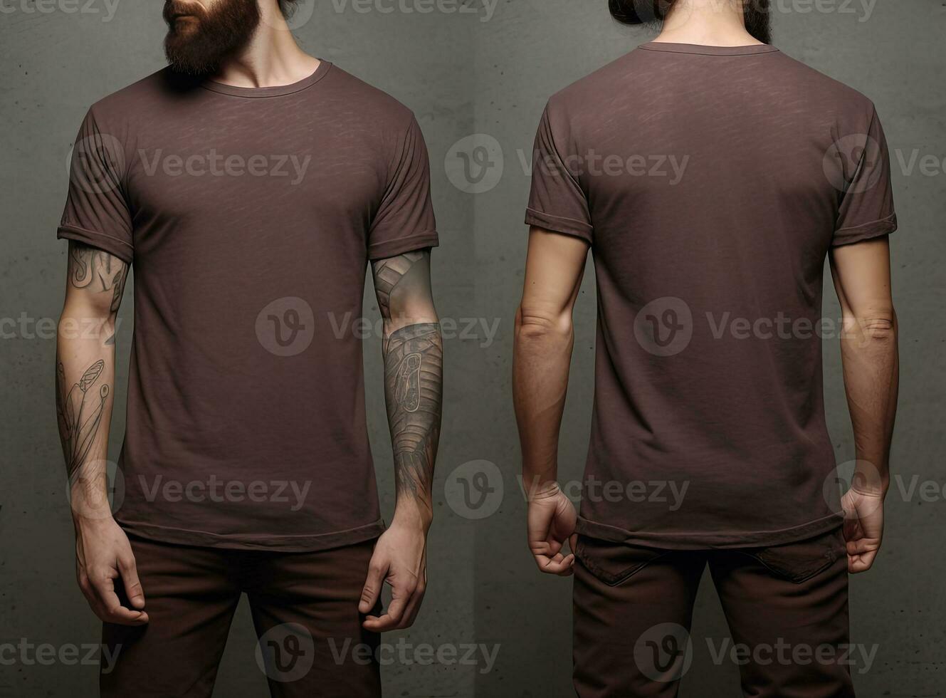 Foto realistisch männlich braun T-Shirts mit Kopieren Raum, Vorderseite, und zurück Sicht. ai generiert