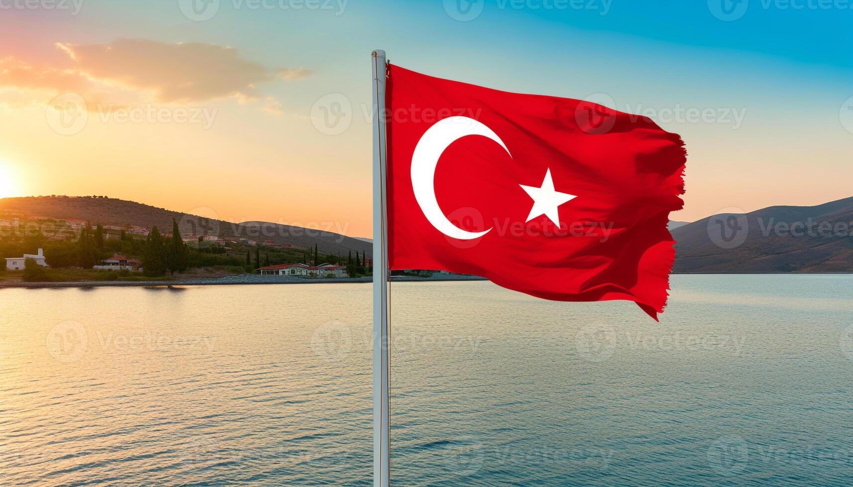 Türkisch Flagge Wellen majestätisch Über atemberaubend Berg Landschaft beim Sonnenuntergang generiert durch ai foto