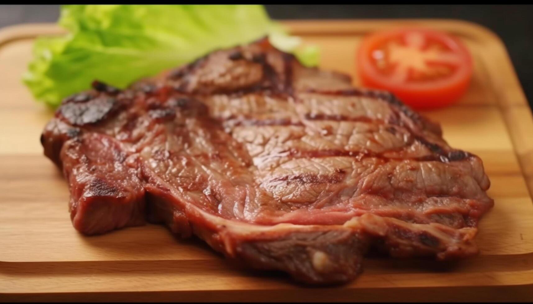 gegrillt Rindfleisch Filet auf rustikal Schneiden Tafel mit reif Tomate generiert durch ai foto