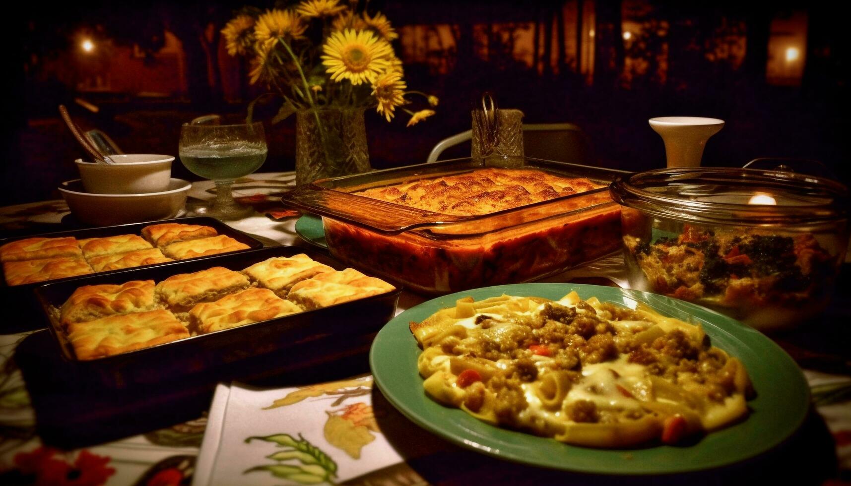 Gourmet Mahlzeit auf rustikal Tabelle Fleisch, Gemüse, Nachtisch, Wein generiert durch ai foto
