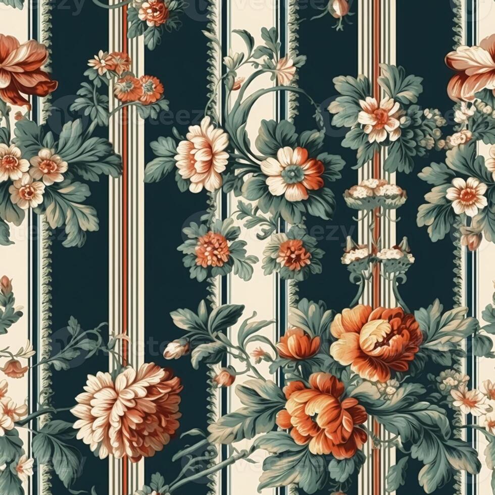 nahtlos Muster mit Blumen, klassisch Land Hütte Stil Blumen- und Streifen zum Hintergrund, Stoff und Produkt Design, generativ ai foto