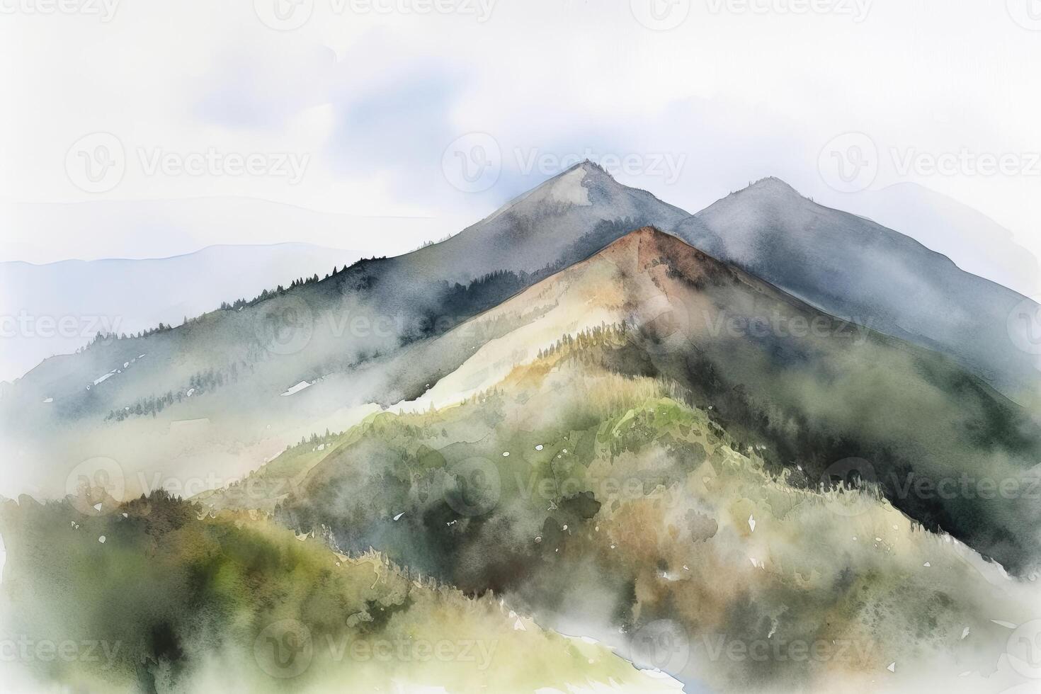 ai generiert neblig Berg Gipfel steigend aus von ein nebelig Schlucht. Aquarell malen. foto