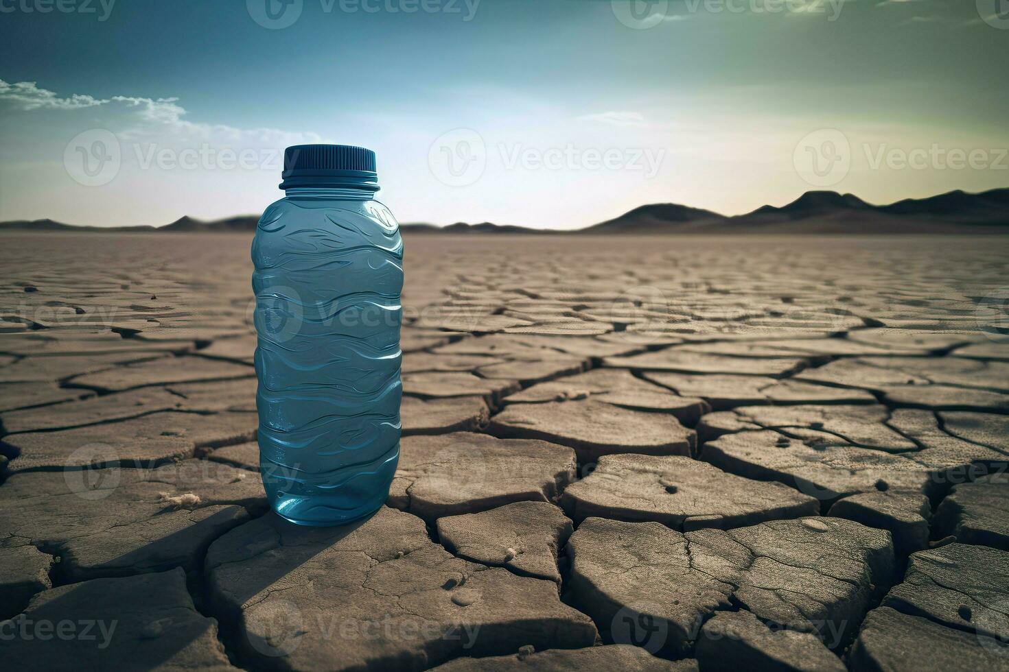 ai generiert Wasser Flasche Stehen im trocken See Wüste Boden. foto