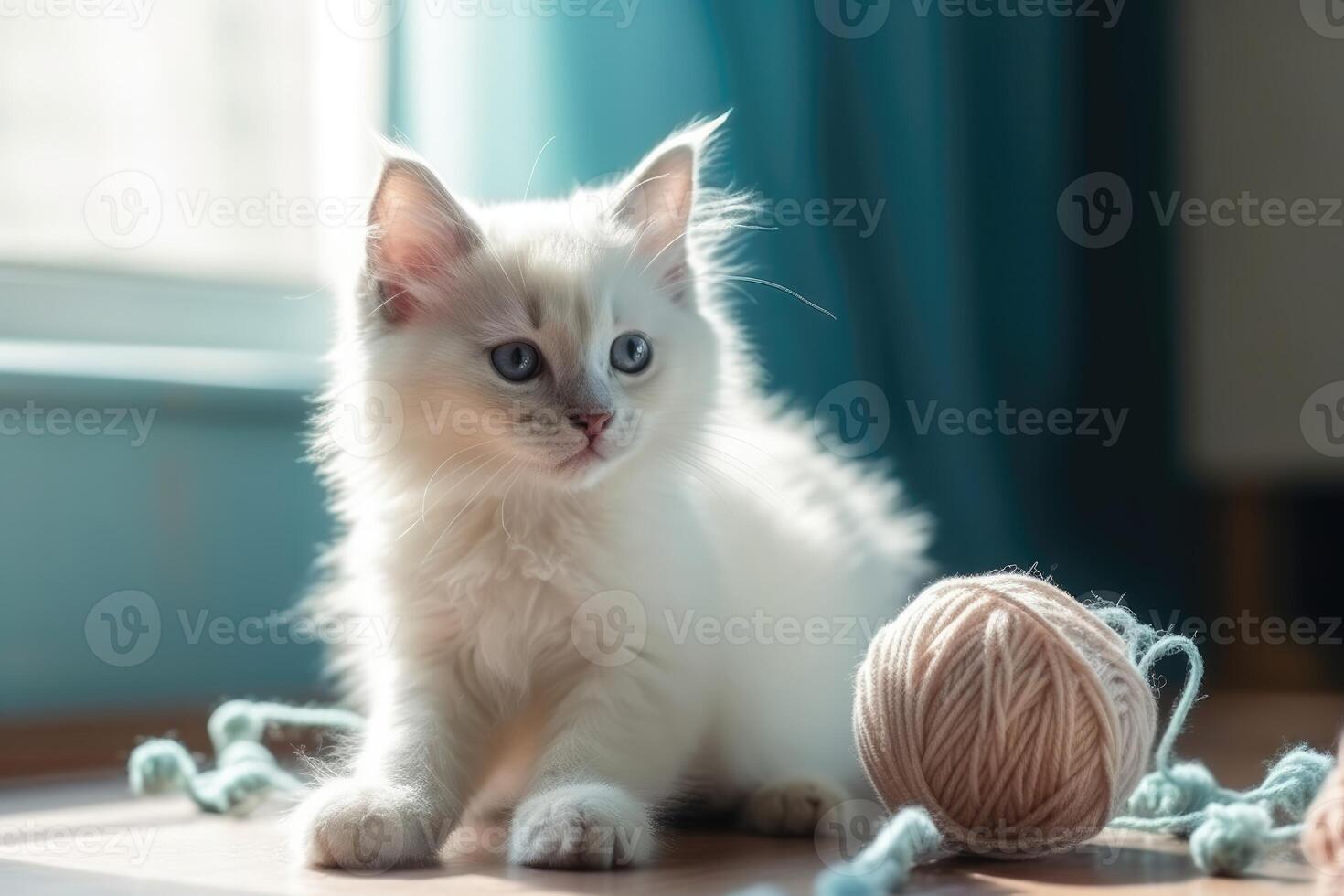 ai generiert bezaubernd flauschige Kätzchen spielen mit ein Ball von Garn, im ein pastellfarben Zimmer mit ein Fenster Das Lasst uns im warm Sonnenlicht. foto