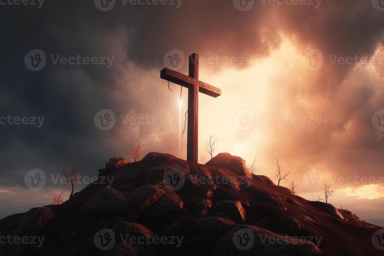 Kreuz auf das oben von das Berg mit Sonnenuntergang hintergrund.generativ ai foto