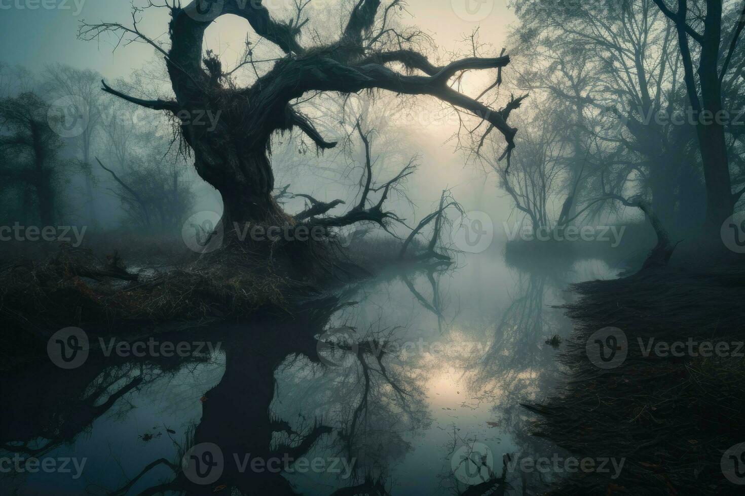 ai generiert unheimlich Sumpf beim Dämmerung, mit ein knotig Baum mit Verdrehen Wurzeln und ein neblig Nebel rollen über das stagniert Wasser. foto