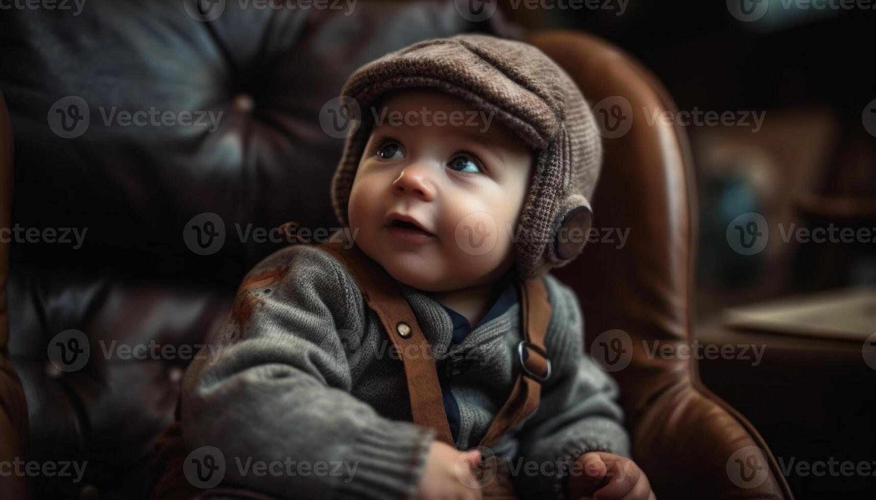 süß Baby Junge Sitzung auf Sofa, lächelnd zum Porträt drinnen generiert durch ai foto