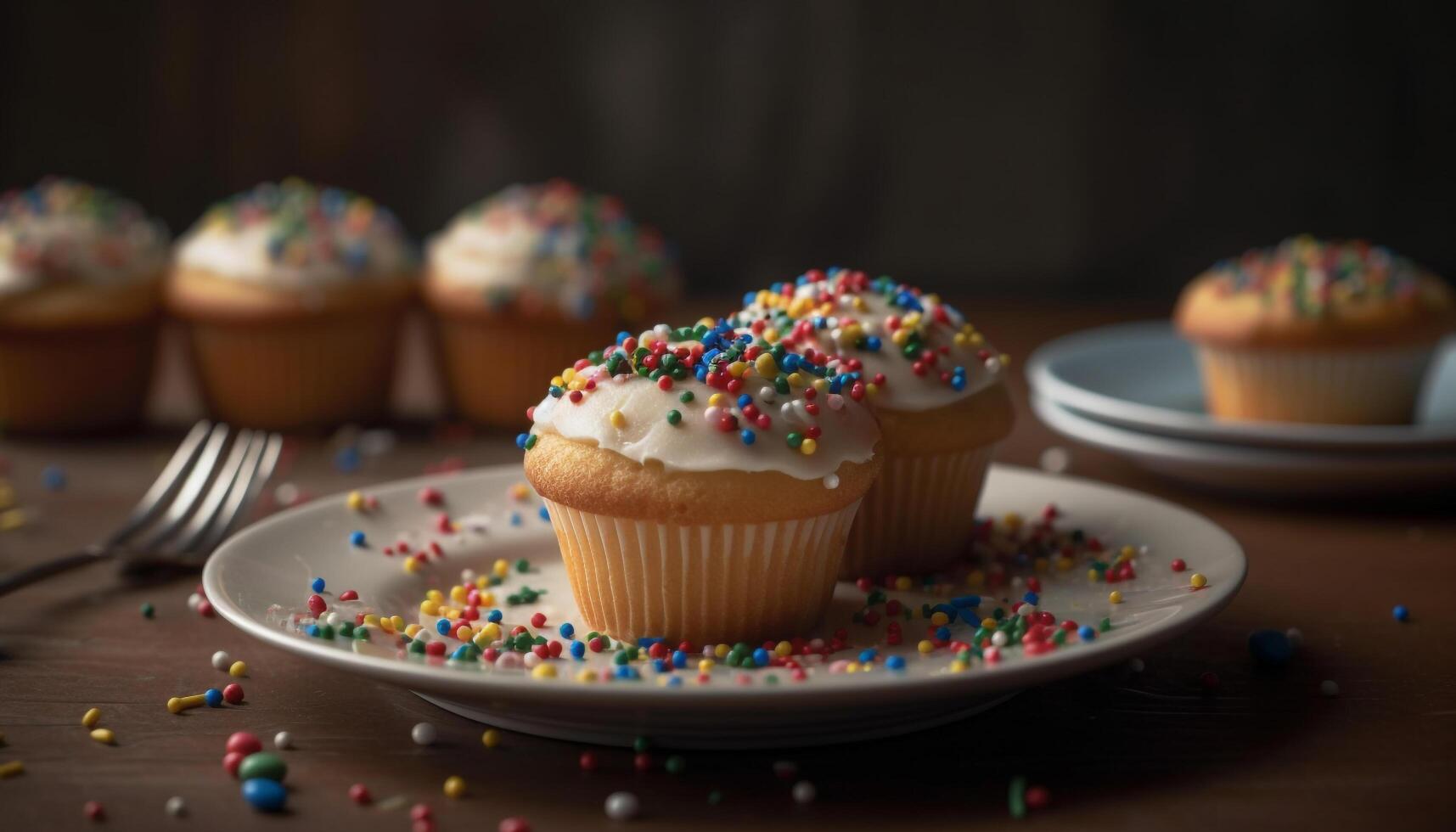 multi farbig Cupcakes mit Süss Glasur, perfekt zum ein Feier Genuss generiert durch ai foto