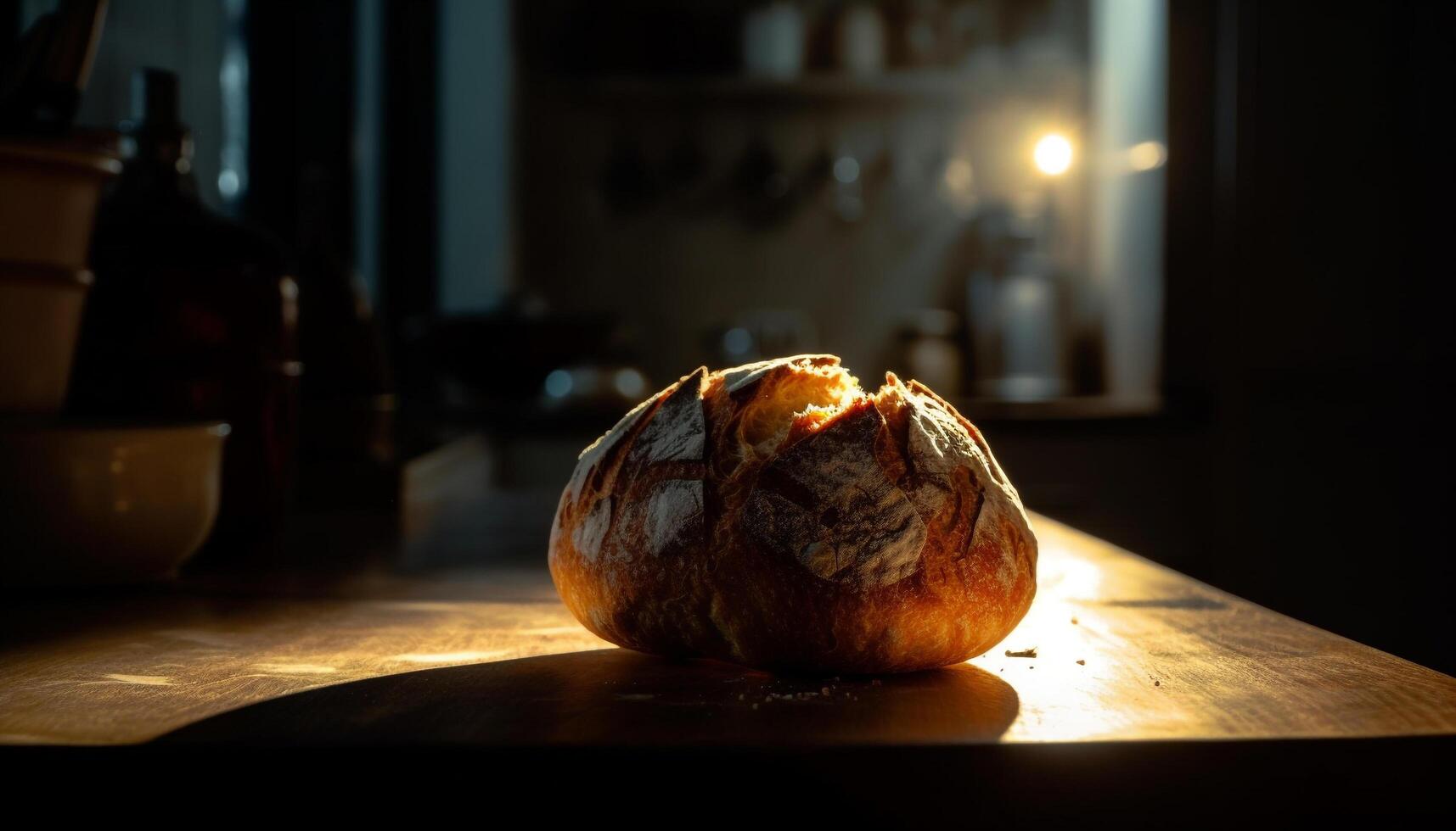 frisch gebacken Brot auf rustikal hölzern Tabelle im inländisch Küche generiert durch ai foto