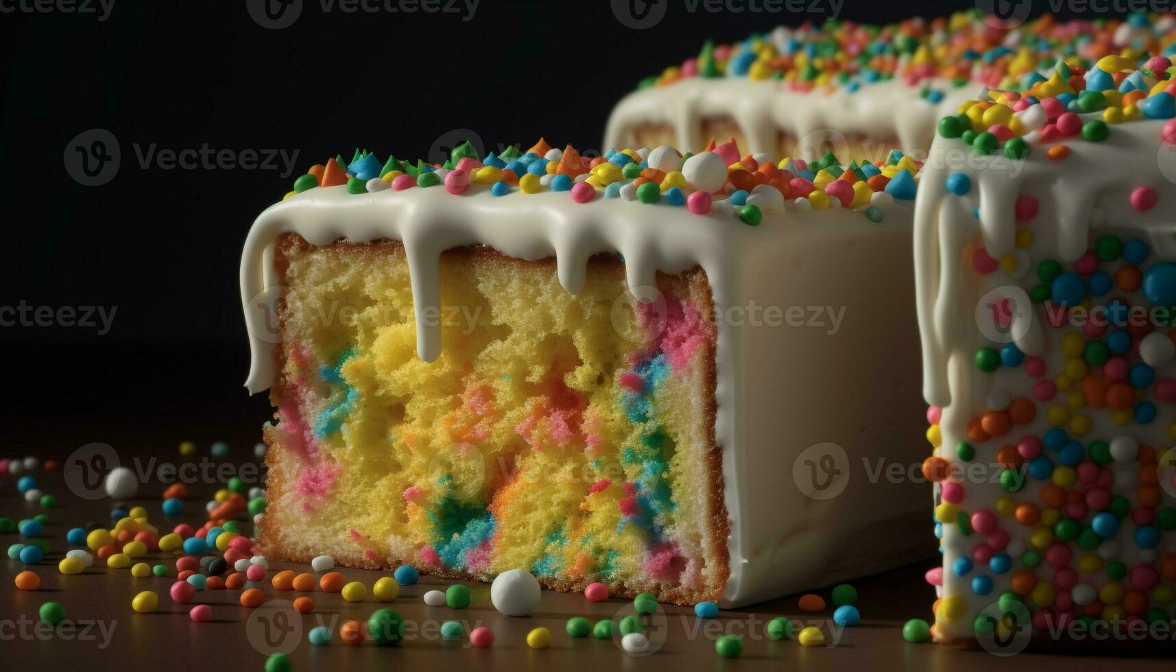 beschwingt farbig Dessert Tabelle mit Süssigkeit, Schokolade, und Konfetti Dekoration generiert durch ai foto