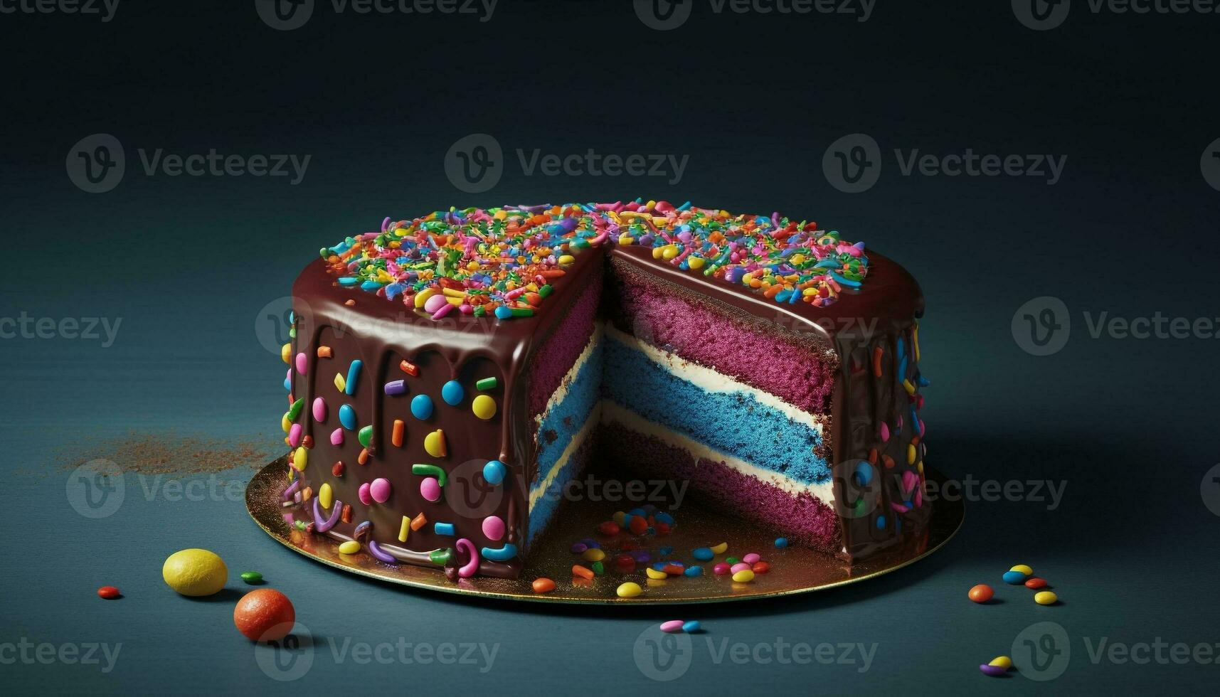 multi farbig Geburtstag Kuchen mit Schokolade Glasur und Erdbeere Dekoration generiert durch ai foto