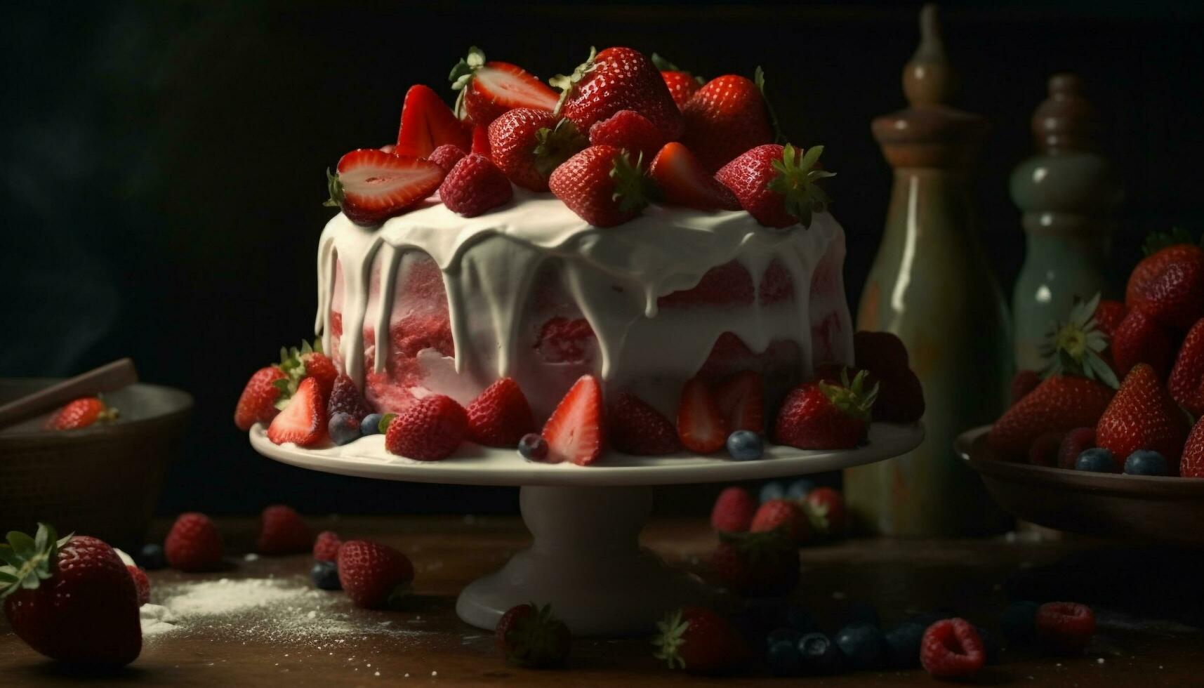 frisch Beere Dessert mit Schokolade auf hölzern Tabelle zum Genuss generiert durch ai foto