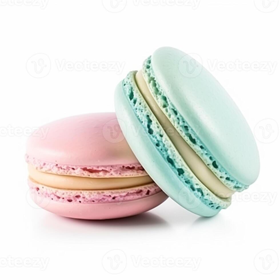 Macarons Makronen isoliert auf Weiß Hintergrund, Sahne Pastell- schick Cafe Nachtisch, Süss Essen und Urlaub Kuchen zum Luxus Süßwaren, generativ ai foto