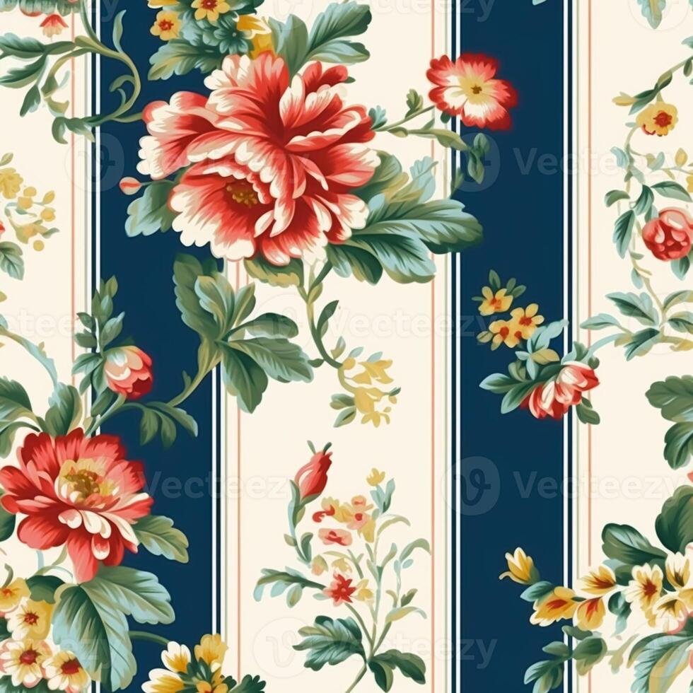 nahtlos Muster mit Blumen, klassisch Land Hütte Stil Blumen- und Streifen drucken zum Hintergrund, Stoff und Produkt Design, generativ ai foto