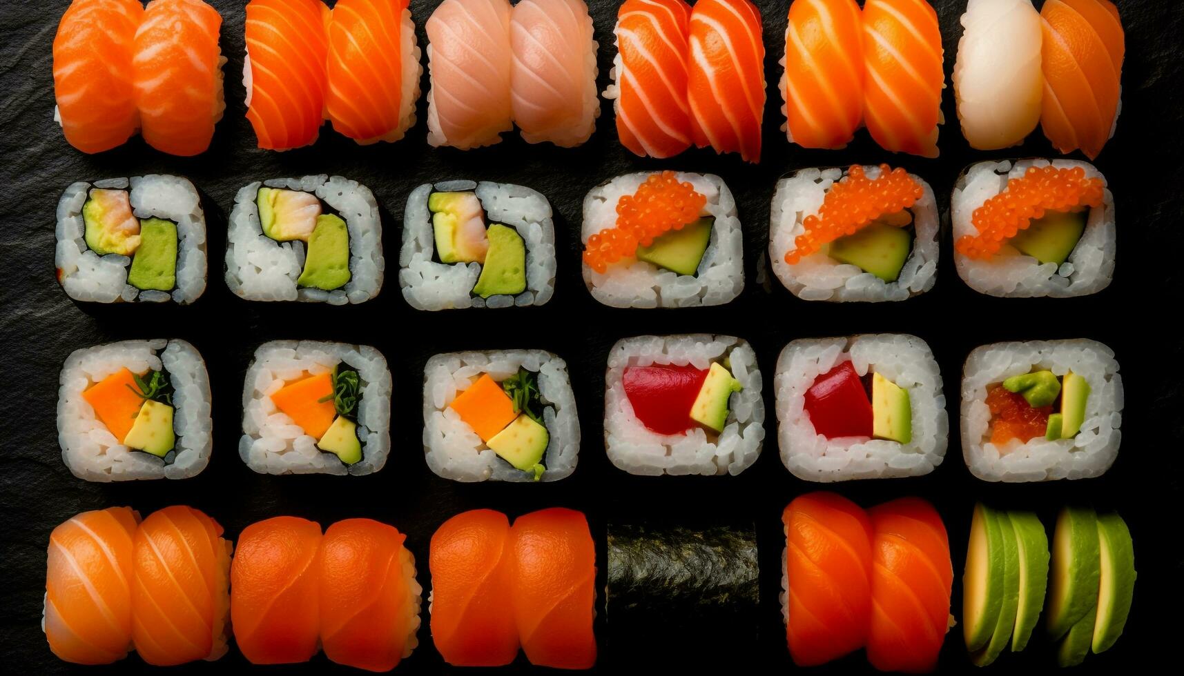 frisch Meeresfrüchte gerollt oben im gesund maki Sushi generiert durch ai foto