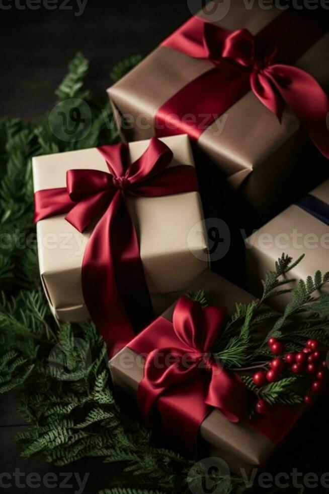 klassisch Weihnachten die Geschenke und Urlaub Geschenke, eingewickelt Geschenk Kisten unter Weihnachten Baum, Boxen Tag und Ferien Einkaufen, generativ ai foto