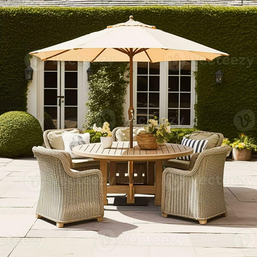 modern Hütte Garten Möbel, draussen Dekor und Landschaft Haus Terrasse Terrasse Stühle und Tabelle mit Regenschirm, Land Stil, generativ ai foto