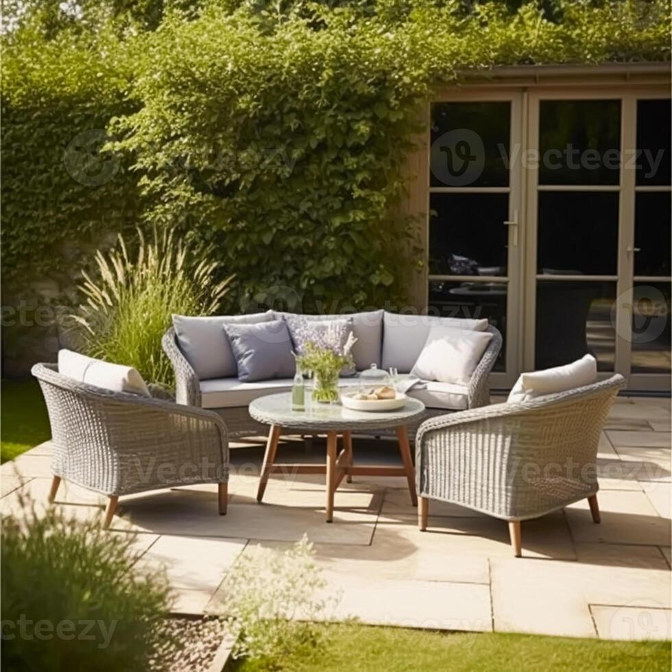 modern Garten Salon, draussen Möbel und Landschaft Haus Terrasse Dekor mit Sofa, Sonne Liege, Sonnenbank und Regenschirm, Land Hütte Stil, generativ ai foto