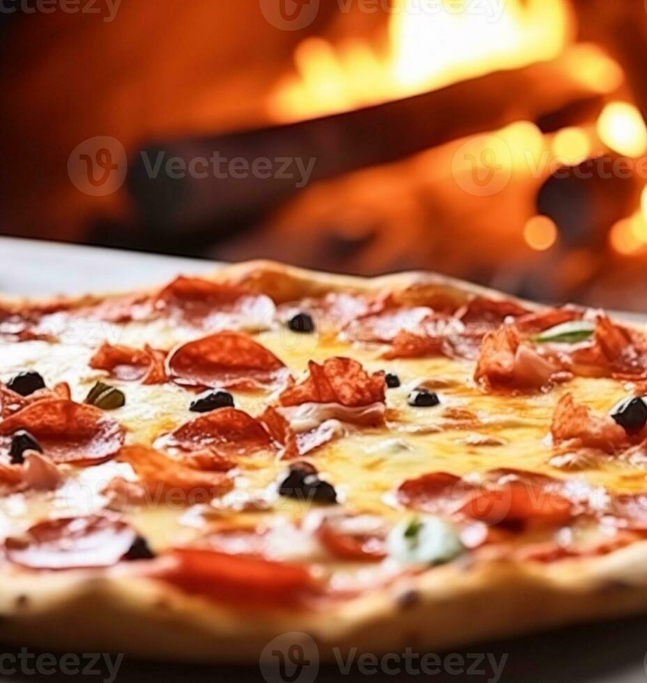 Pizza Capricciosa hausgemacht mit Feuer im das Ofen, online Lieferung von Pizzeria, nehmen Weg und Italienisch schnell Essen, generativ ai foto